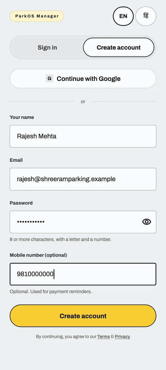 Sign up and add your parking: screen 1 of 2